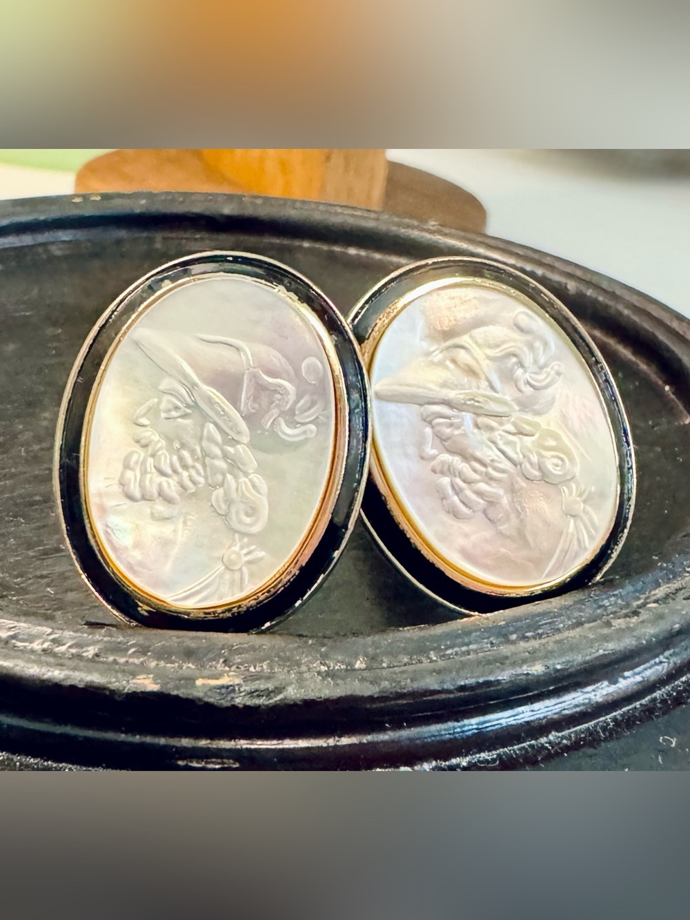 Vintage SWANK Mother of Pearl Greek Soldier Cameo Cufflinks